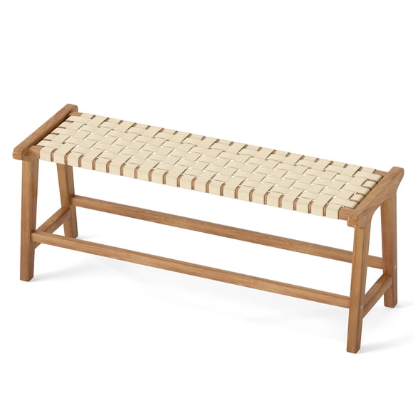 Gymax 47'' Long Teak Wood Patio Bench w/Weave Seat Solid Wood Legs Backless for Porch