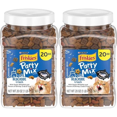 Purina Friskies Party Mix Cat Treats Beachside Crunch with Ocean Whitefish & Flavors of Shrimp Crab & Tuna Cat Treats for Adult Cats 20 OZ Canister (Pack of 2)