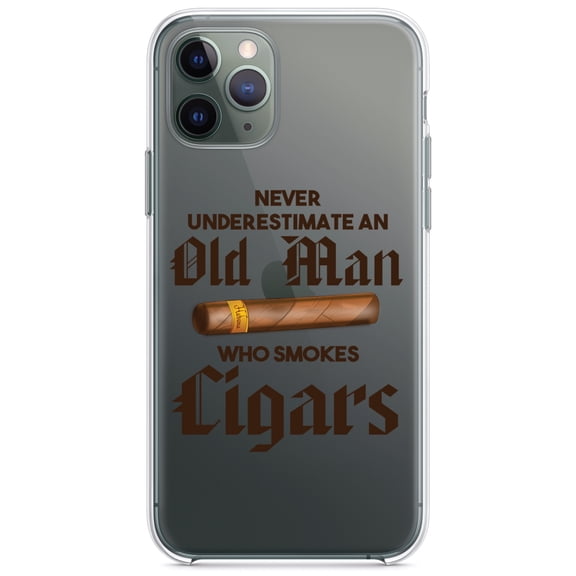 DistinctInk Clear Shockproof Hybrid Case for iPhone 11 Pro MAX (6.5" Screen) - TPU Bumper Acrylic Back Tempered Glass Screen Protector - Never Underestimate Old Man Who Smokes Cigars