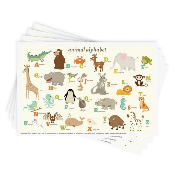 Disposable Stick-on Placemats 40 Pack for Baby & Kids Toddler Sticky Restaurant Table Mats 12" x 18" (Animal Alphabet)