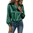 thumbnail image 5 of Zivyakyron Long Sleeve Womens Blouses Fall Casual Tie Neck Satin Plain Women Top Loose Elegant Green 2XL, 5 of 10