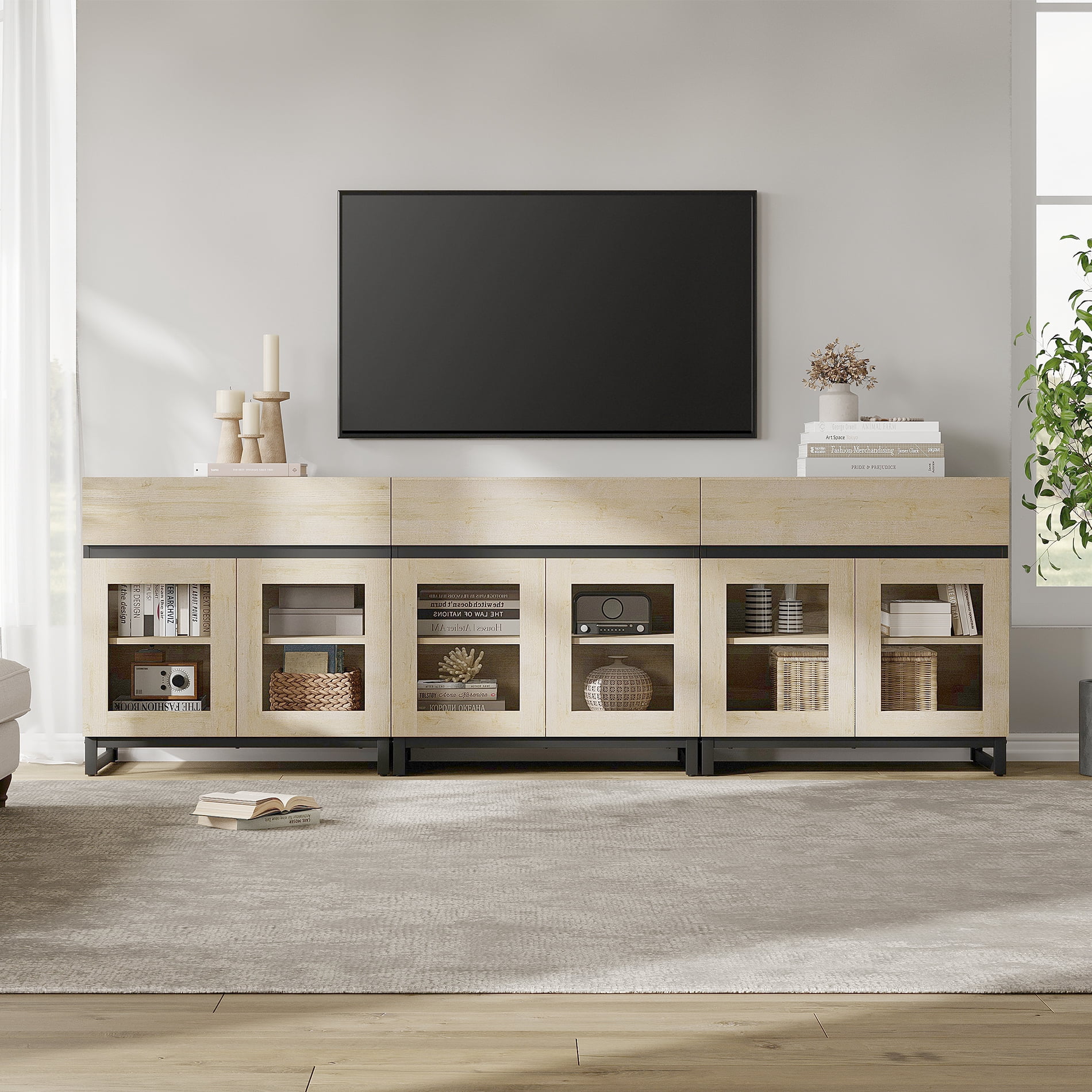 WAMPAT 3-in-1 Modern TV Stand with Glass Doors & 3 Drawers, Metal Base Entertainment Center for 110 Inch TVs, Media Console for Living Room & Bedroom