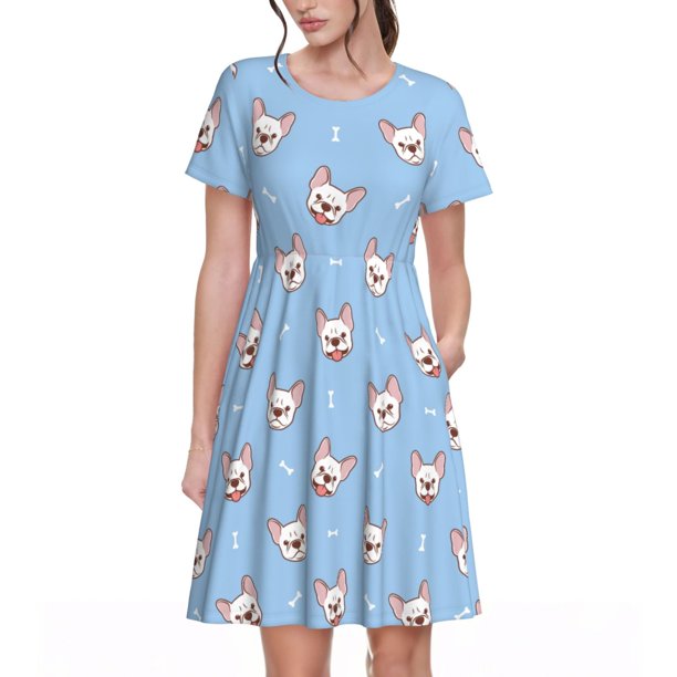 Easygdp French Bulldog Head para Vestido Transpirable de Mujer, Vestido Suelto de Manga Corta con Pliegues y Bolsillos para el Verano
