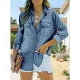 thumbnail image 6 of Women Button Down Denim Shirt Long Sleeve Roll Up Casual Oversized Jean Jacket Distressed Tunic Top, 6 of 7