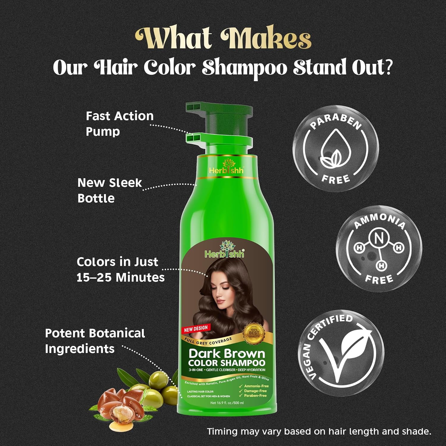 Herbishh Dark Brown Color Shampoo for Gray Hair, Permanent Hair Colour, Men & Women (500 ml)