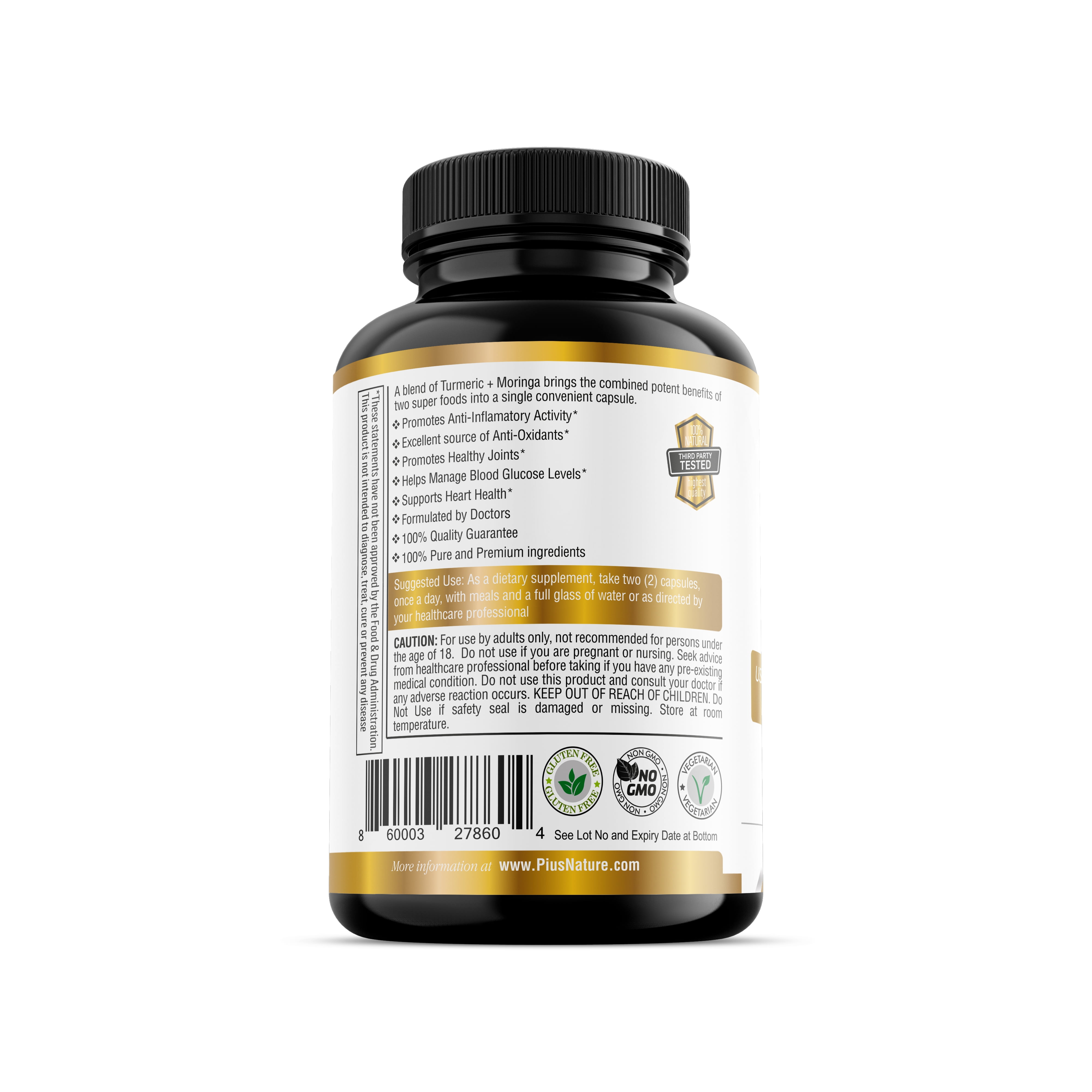 120 Capsules of USDA Organic Turmeric Root Powder and USDA Organic Moringa Leaf Powder with Curcumin and Bioperine, 1100mg per Serving in Veggie Capsules