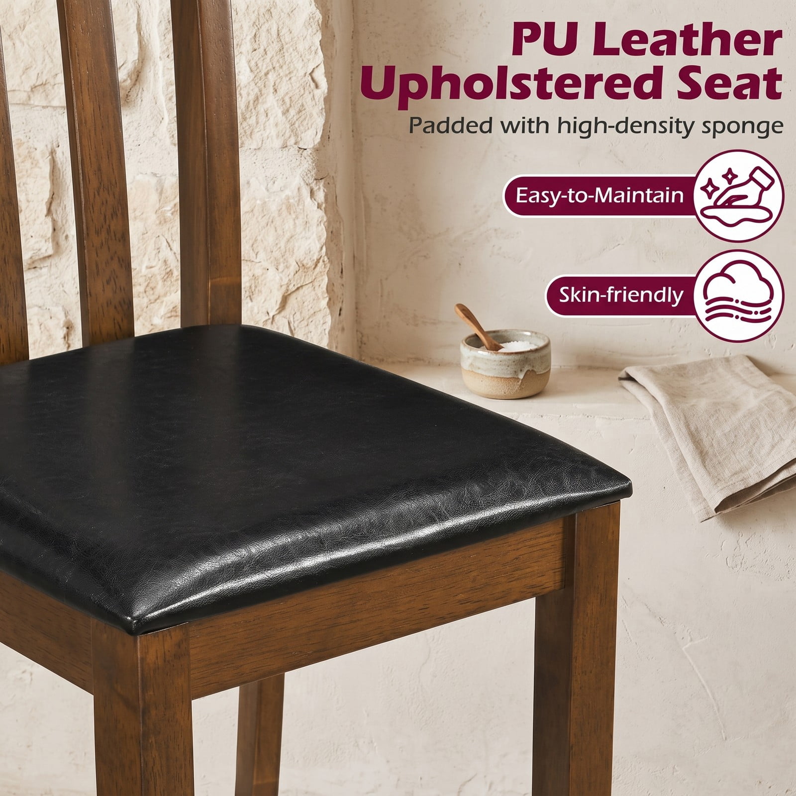 Furnibear Wooden Dining Chair Set of 2 Spindle Back Kitchen Chairs with PU Leather Padded Seat, Solid Rubber Wood Armless Side Chairs for Dining Room, Walnut & Black
