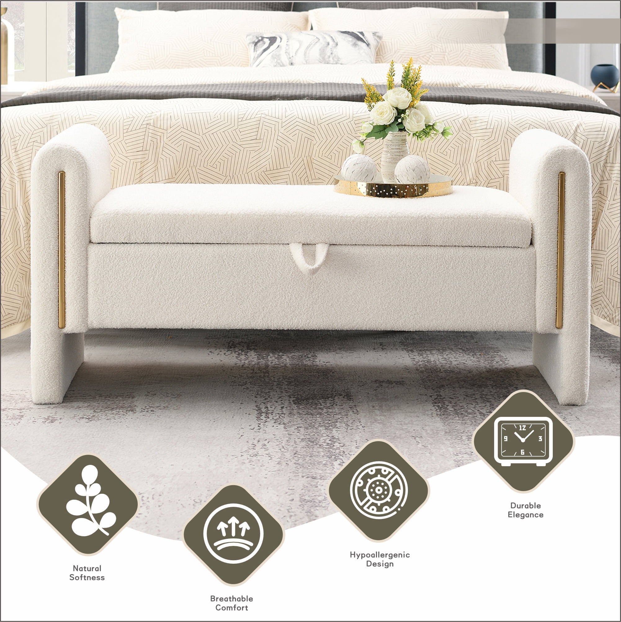 QianYueLUX 52" Storage Ottoman Bench with Armrests, White Teddy Fabric, 250lbs Capacity, Multi-Functional Footrest for Bedroom & Entryway