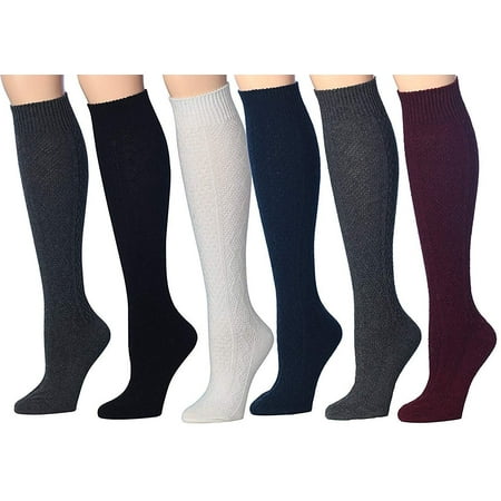 Tipi Toe Women's 6-Pairs Ragg Marled Argyle Knee High Wool-Blend Boot Socks, (sock size 9-11) Fits shoe size 6-9,