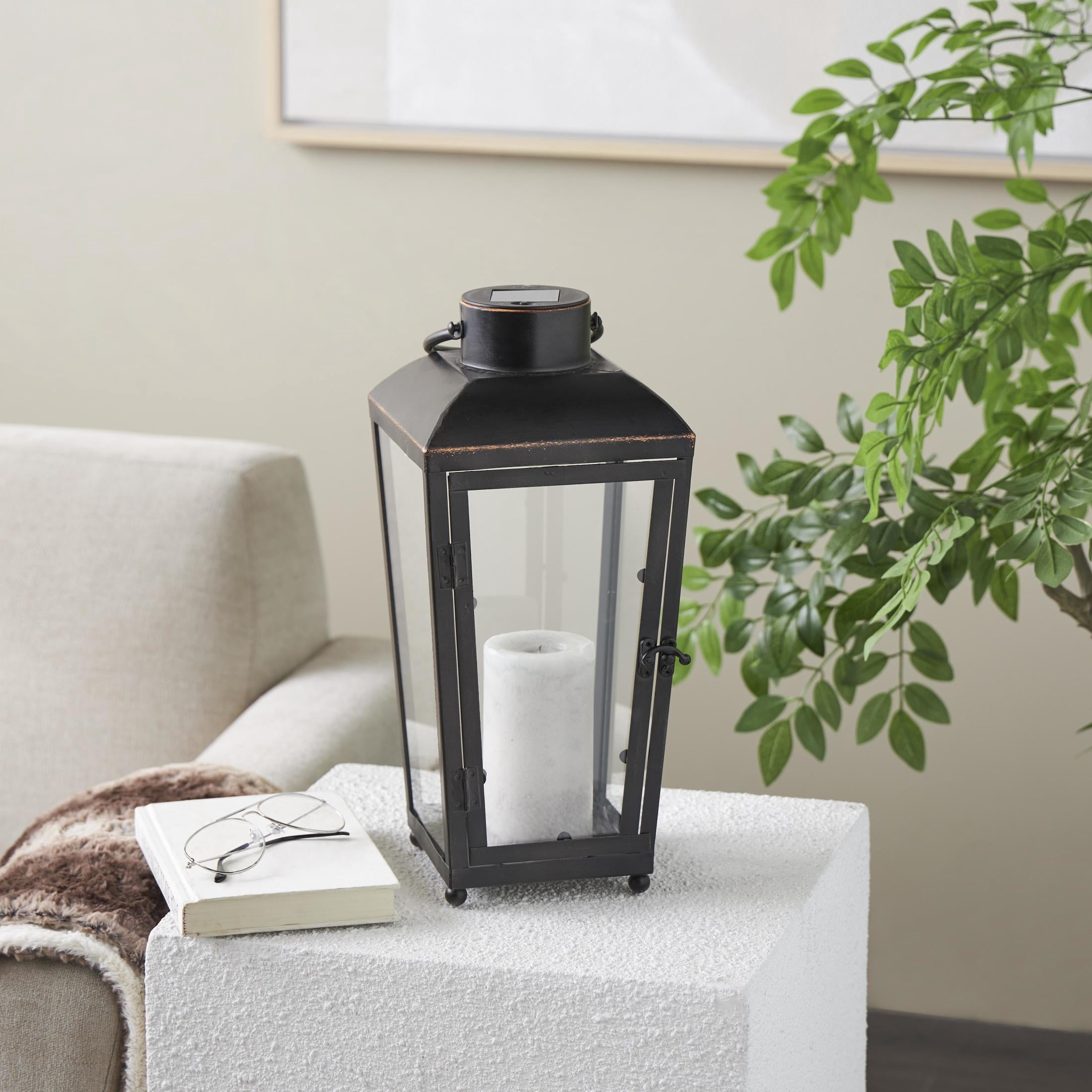 DecMode Black Metal Modern Candle Lantern with Gold Accents