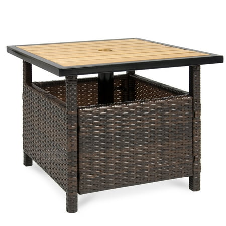 Table Unbrella Best Choice Products Outdoor Wicker Patio Umbrella Stand Table w/ Umbrella Hole and UV-Resistant Frame, Brown ()
