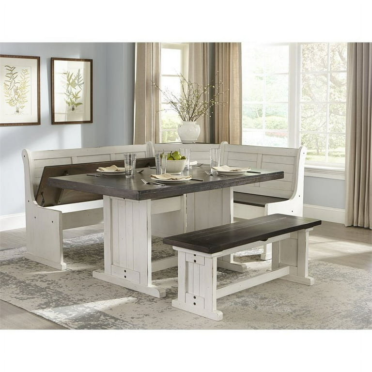Pemberly Row Farmhouse Wood Breakfast Nook Set in Off White Dark Brown