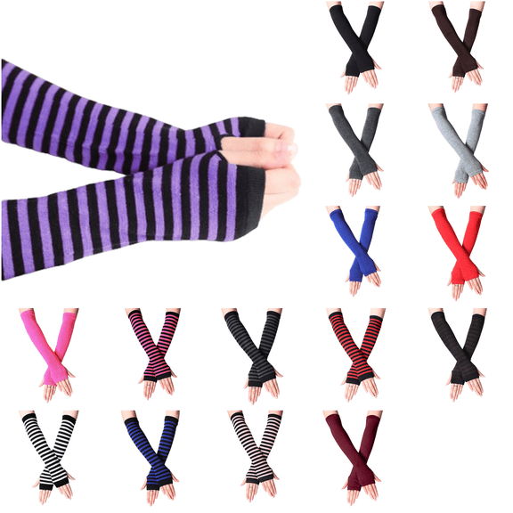 Women's Long Striped Cotton Fingerless Gloves, Soft Stretchy Arm Warmers, Winter Thermal Warm Sleeves for Daily Dress‑up Outdoor Driving Casual Wear, Black‑Purple Stripe