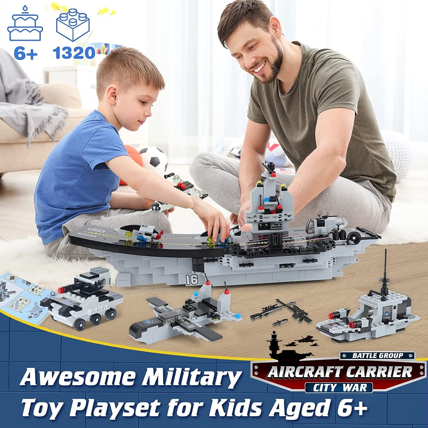 1320 Pieces Aircraft Carrier Building Blocks Set, Military Battleship Model Toy with Army Car, Helicopter & Boat, Military Toys Gift for Kids Boys Girls Age 6-12