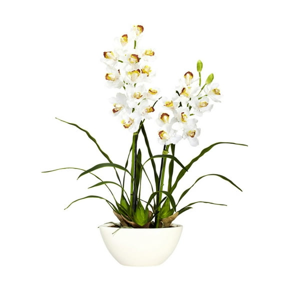 Nearly Natural Cymbidium with White Vase Silk Flower Arrangement