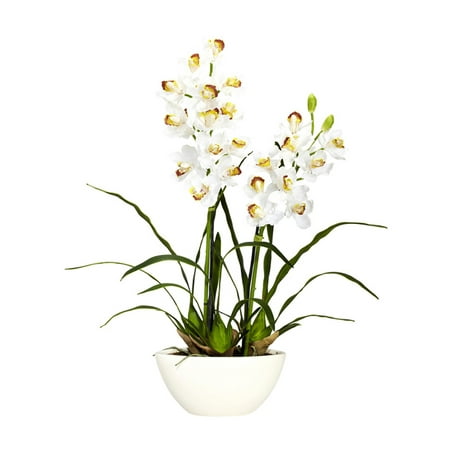 Nearly Natural Cymbidium with White Vase Silk Flower Arrangement Nearly Natural Cymbidium with White Vase Silk Flower Arrangement - White Let s talk springtime  shall we? Well  that ll be the feeling whenever you gaze upon this warm  inviting Cymbidium w/ white vase silk flower arrangement. With an array of soft blooms  set amidst the wispy stems  you ll be thinking springtime freshness no matter what season it is. Comes complete with a white vase that perfectly accentuates the floral beauty. Height: 30    Width: 24    Depth: 8  . Category: Silk Arrangement. Color: White. Vase: W: 10.5 in  H: 5.25 in  D: 4.5 in Brand: Nearly Natural Model Number: 1368-4803Shipping Details