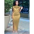 thumbnail image 4 of Women'S Satin High Slit Maxi Dress - Elegant Mock Neck Cap Sleeve Formal Attire Gold L, 4 of 8