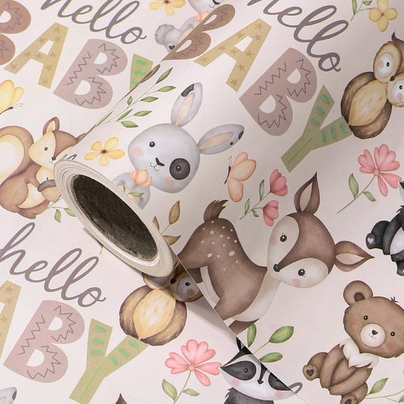 Kraft Baby Shower Wrapping Paper Roll - Mini Roll - 17 Inch x 16.5 Feet - Little Woodland Animal Wrapping Paper for Baby Shower, Kids Girls Boys Birthday