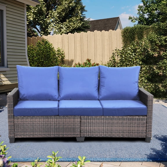 Yardgrace Patio Couch PE Rattan 3-Seat Outdoor Sofa Brown Wicker Furniture Set Deep Seating with Anti-Slip Blue Cushion