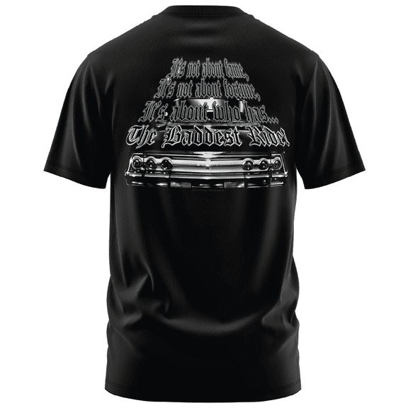 Rollin Hard Men's It's Not About Fame and Fortune Lowrider black heavyweight classic boxy fit front and back print graphic tee shirt