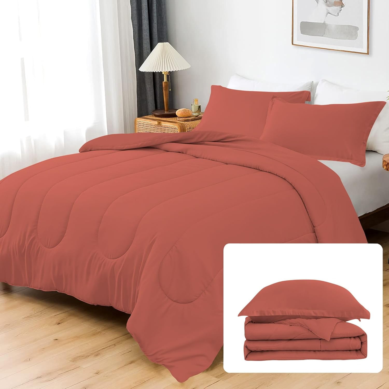 5 Piece Luxury Thicker Pattern Comforter Set, 800 TC, 100% Egyptian Cotton, Oversized Super King Size Brick Red Solid Color