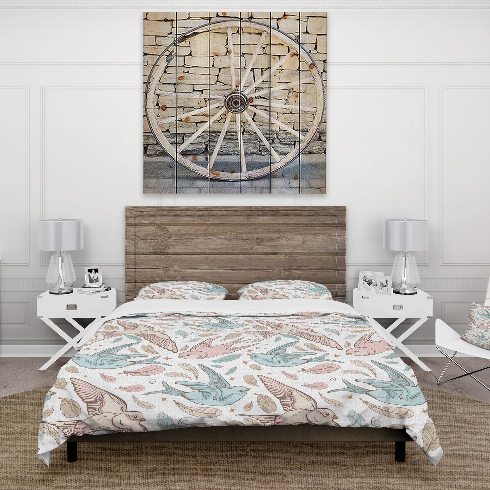 Designart 'Pattern with Swallow Birds & Flowers' Country Duvet Cover Set