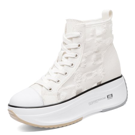 

Women‘s Ripped Detailed Sneakers Round Toe Hidden Wedge Canvas Shoes Platform High Top Sneakers