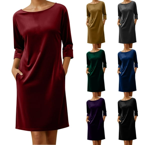 VKOYWKM Robe Femme Velvet Vintage Col Bateau Manches Longues Mini Robe en Velours Tendance Printemps Automne Décontractée pour Vacances