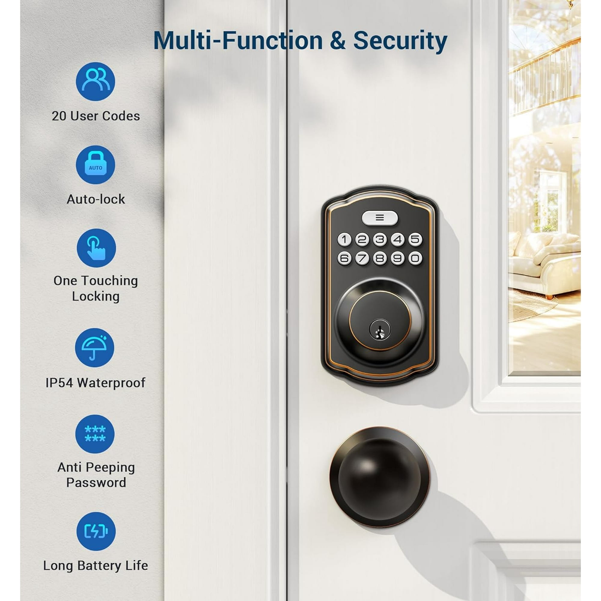 Veise Keyless Entry Door Lock with 2 Knobs, Electronic Keypad Deadbolt, Auto Lock, Bronze