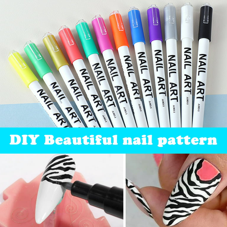 Summerkimy 12 Colors 3D Nail Art Painted Pens Set Quick Dry Nail Art Painting Pen Kit Waterproof Nail Point Graffiti Pen Drawing Painting Liner Brush