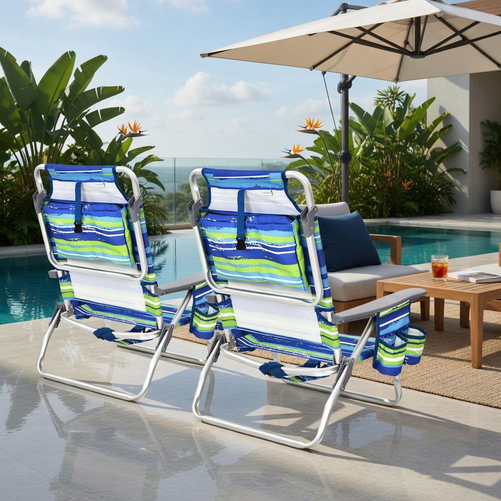 Hommoo 2-Pack Foldable Beach Chair with Pillow, 5-Position Reclining Outdoor Lounge Chair for Beach, Pool & Camping, Blue
