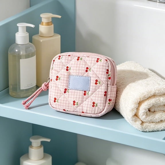 Cute Quilted Cotton Sanitary Napkin Storage Bag, Square Mini Makeup Organizer Pouch with Zipper, Portable Tampon Holder for Purse, Travel, School, Gift for Women Girls