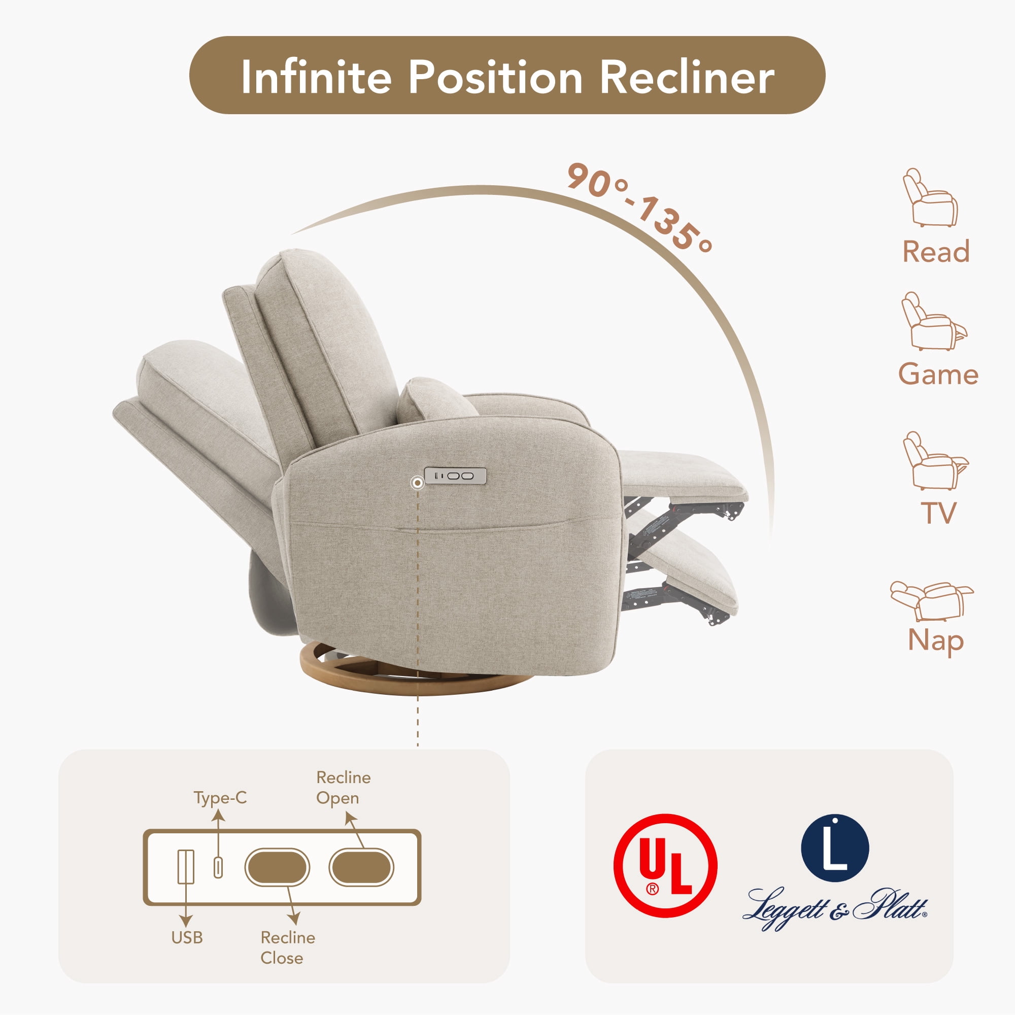 Spruce & Spring Power Swivel Nursery Glider Recliners with Lumbar Pillow and Charging Port, Khaki