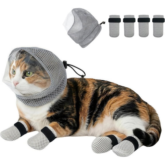 Cat Muzzle for Grooming with Adjustable Breathable Mesh and 4 Paw Protectors, 5-Piece Set, Gray, for Cats