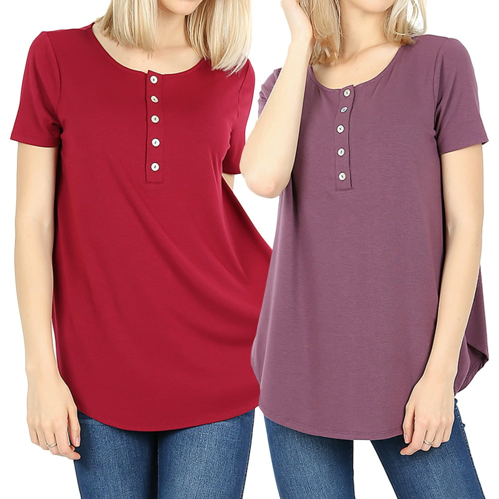 TheLovely Women & Plus Short Sleeve Dolphin Hem Relaxed Fit Henley