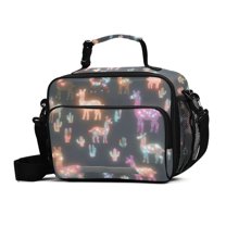 FORMRS Student Lunch Bag Insulated Reusable Cooler Box with Zipper Pockets, Neon Llamas Pattern