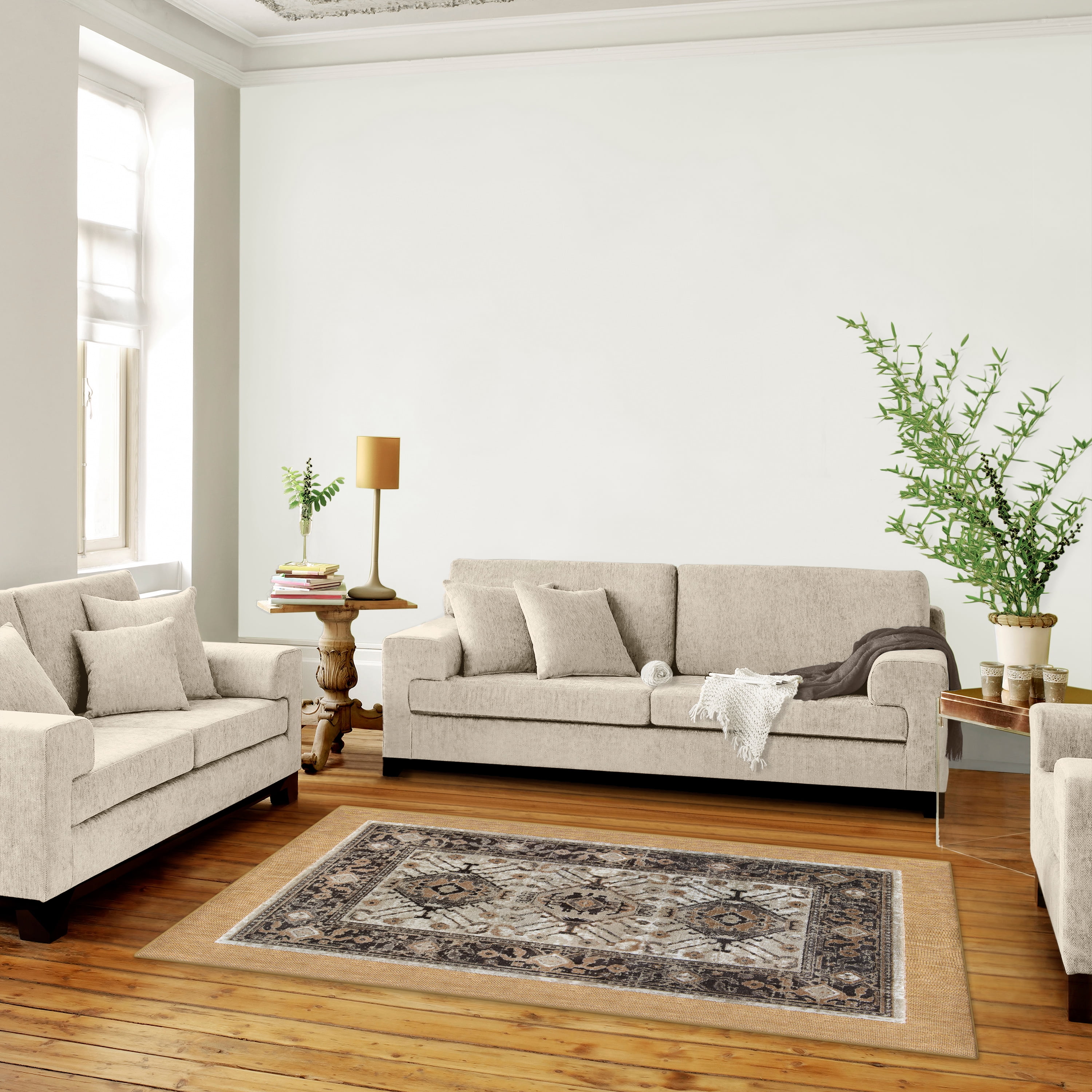 Mainstays Neutral Medallion Persian, Faux Layered, Indoor Area Rug, 7'6"x9'6"