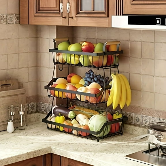 3-Tier Black Farmhouse Fruit Basket with Wooden Handle & Side Hooks - Detachable Metal Storage Stand for Bread, Fruits & Vegetables, Countertop Kitchen Organizer