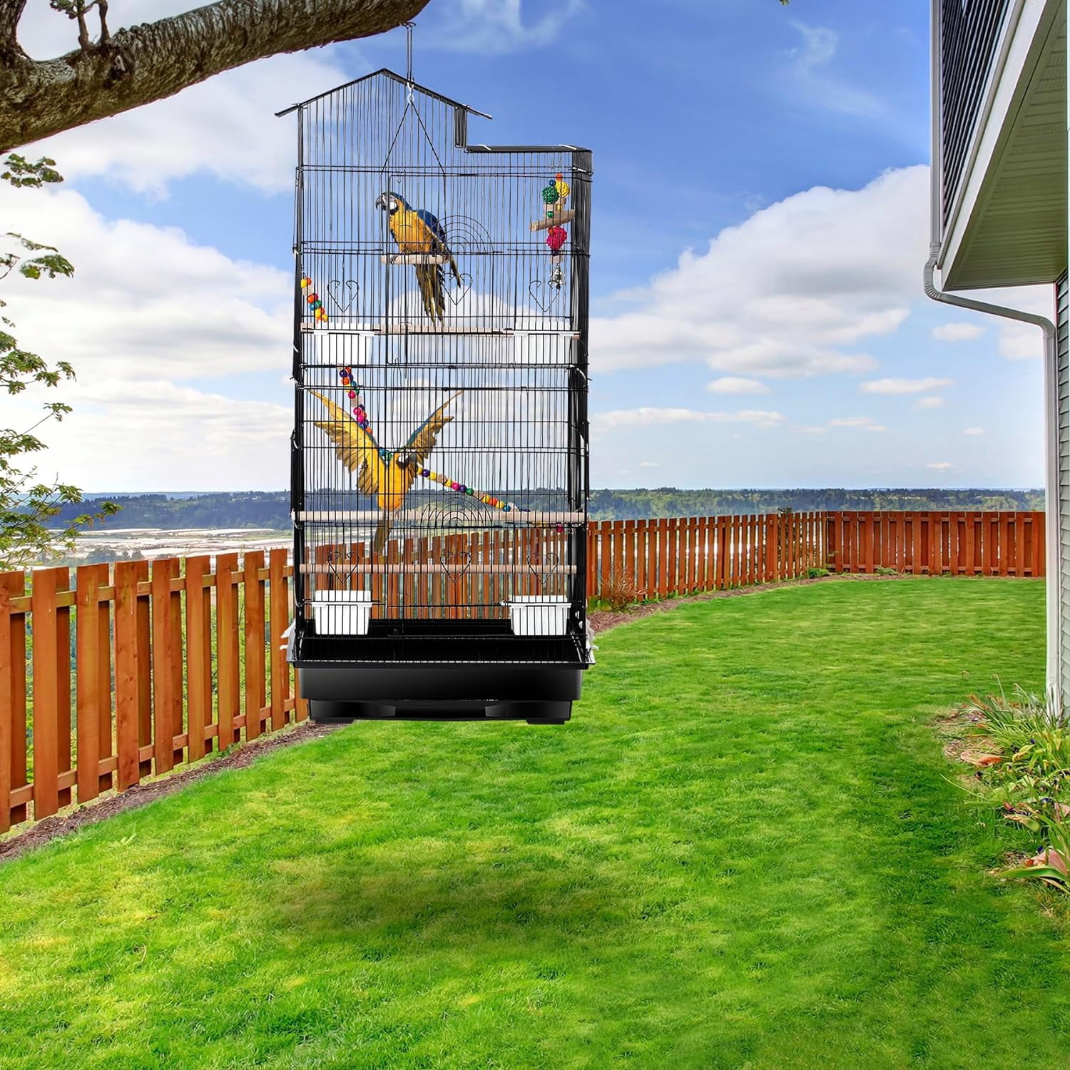 HJTER 39-inch Roof Top Large Flight Parrot Bird Cage for Small Quaker Cockatiel Canary Sun Parakeet Green Cheek Finch Budgie Lovebirds Wrought Iron Pet Bird Cage w/Toys