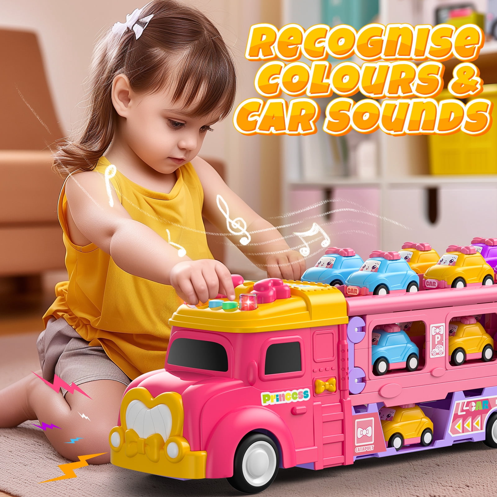 UUSUOO Truck Toys for Girls,9 IN 1 Pink Princess Toys Carrier Truck Race Track Toys for Kids,Foldable Transport Truck with Lights & Music,Christmas Birthday Toys Gift for Girls 3 4 5 6+