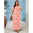 thumbnail image 3 of SHOWMALL Women's Plus Size Maxi Dress with Pockets, Valentine's Day Galentine's Self-Care Gift for Her, Vibrant Orange Daisy Floral 2X Side Slit Short Sleeve Long Dress, 3 of 7