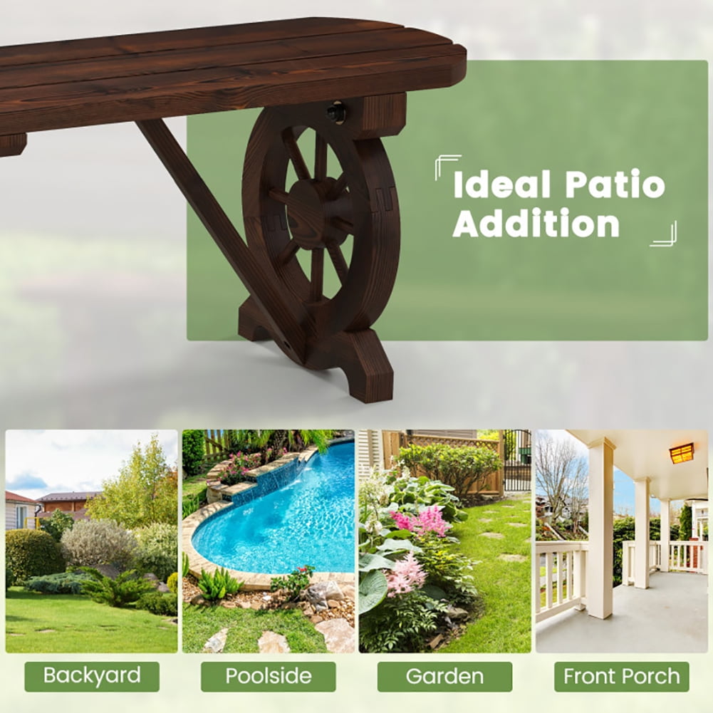 Aimee Lii Patio Rustic Wood Bench with Wagon Wheel Base, Outdoor Patio Furniture Aimee Lii Patio Rustic Wood Bench with Wagon Wheel Base, Outdoor Patio Furniture