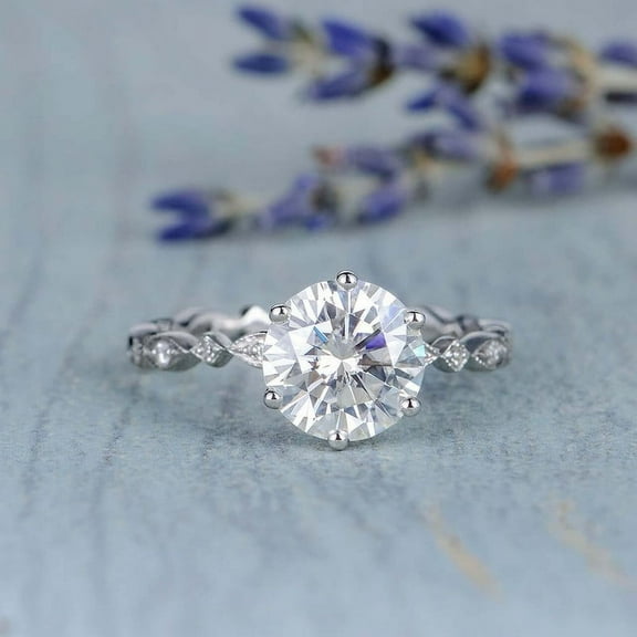 Silvago Jewel White Gold Over 14K Silver Diamond Ring - 2 Ct Round Brilliant Cut Diamond Rings for Her - Solitaire with Accent Diamond Rings for Women's - Button Prongs Diamond Rings for Women's