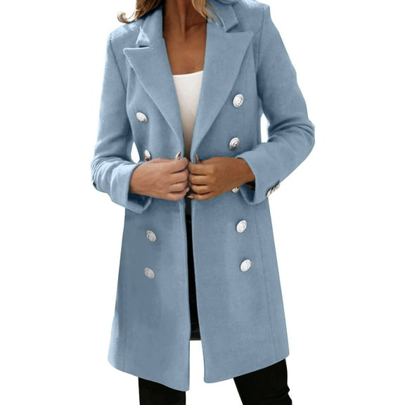 Women's Wool Blend Trench Coat Long Double Notch Lapel Peacoat Jacket for Business Casual Fall Winter Outerwear