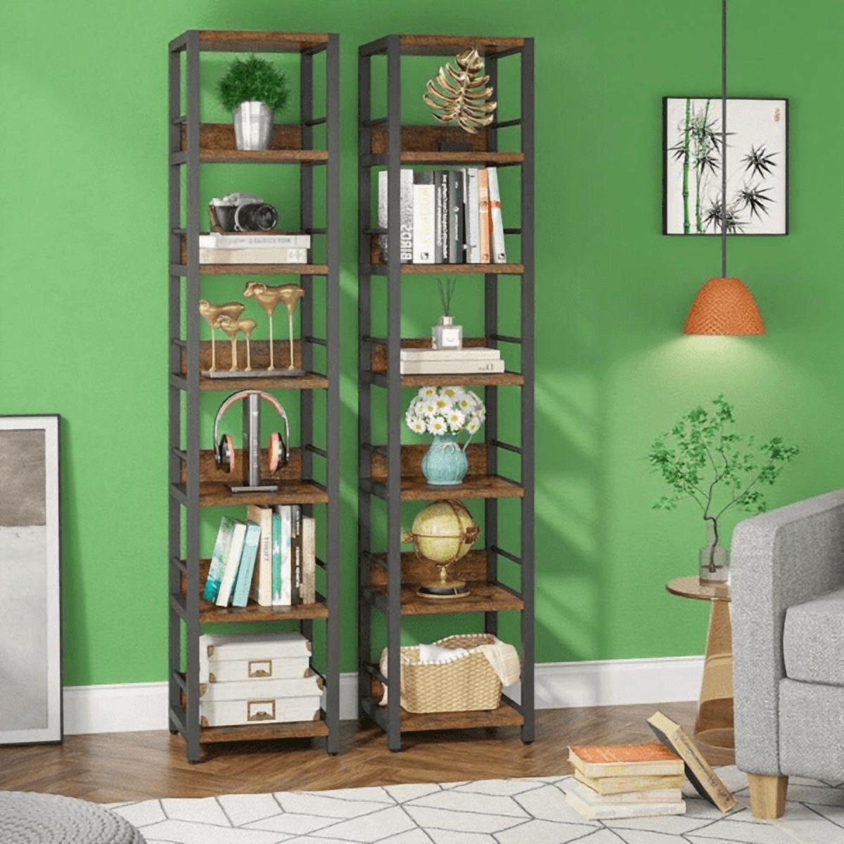 6-Tier Corner Bookshelf, Space-Saving Storage Rack with Fences, Solid Particleboard & Metal Frame, Multipurpose for Living Room, Kitchen, Bathroom