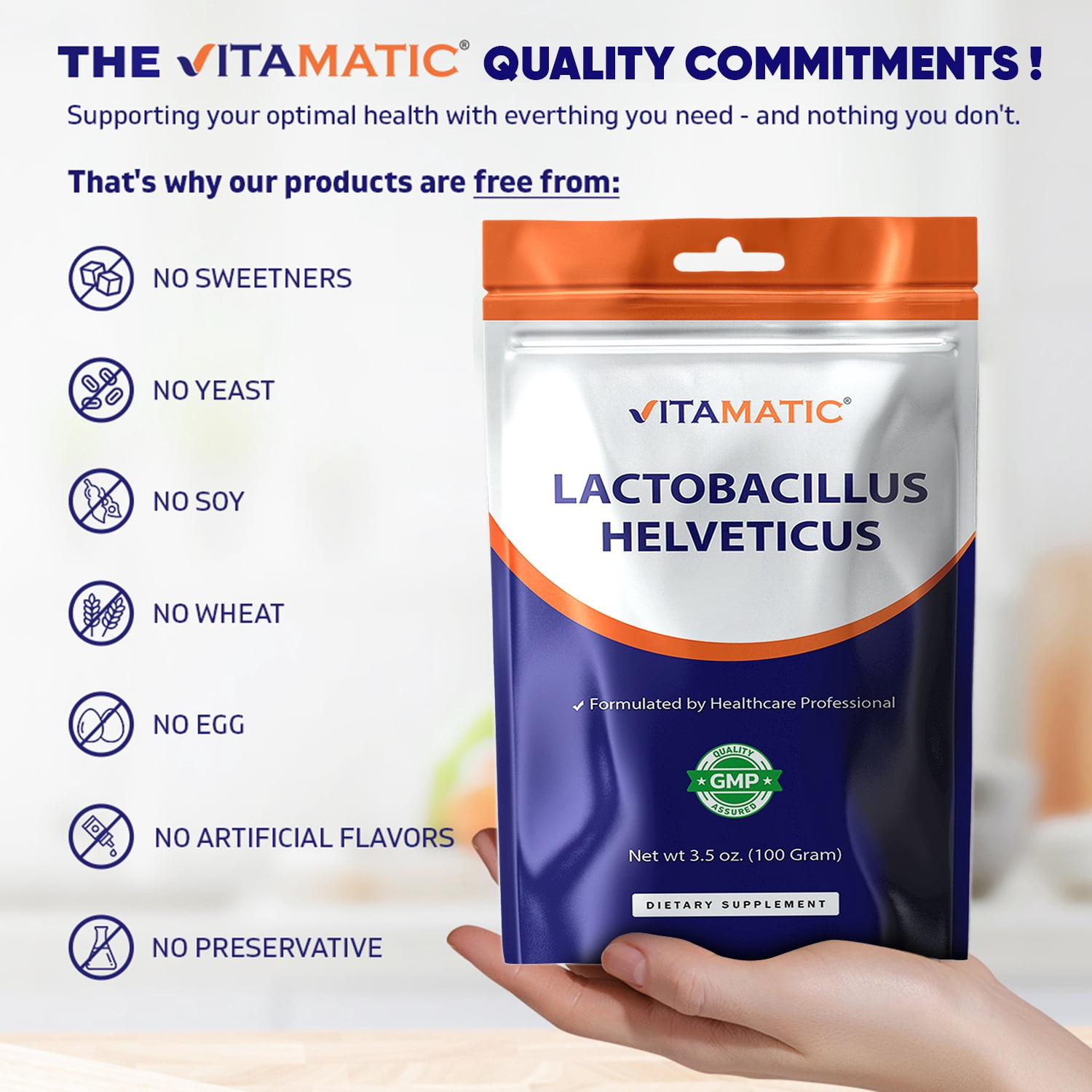 VitamaticUSA Lactobacillus Helveticus Probiotic Powder Supplement Gluten-Free Digestive Health Support 100 Servings 100 Gram (3.5 OZ)