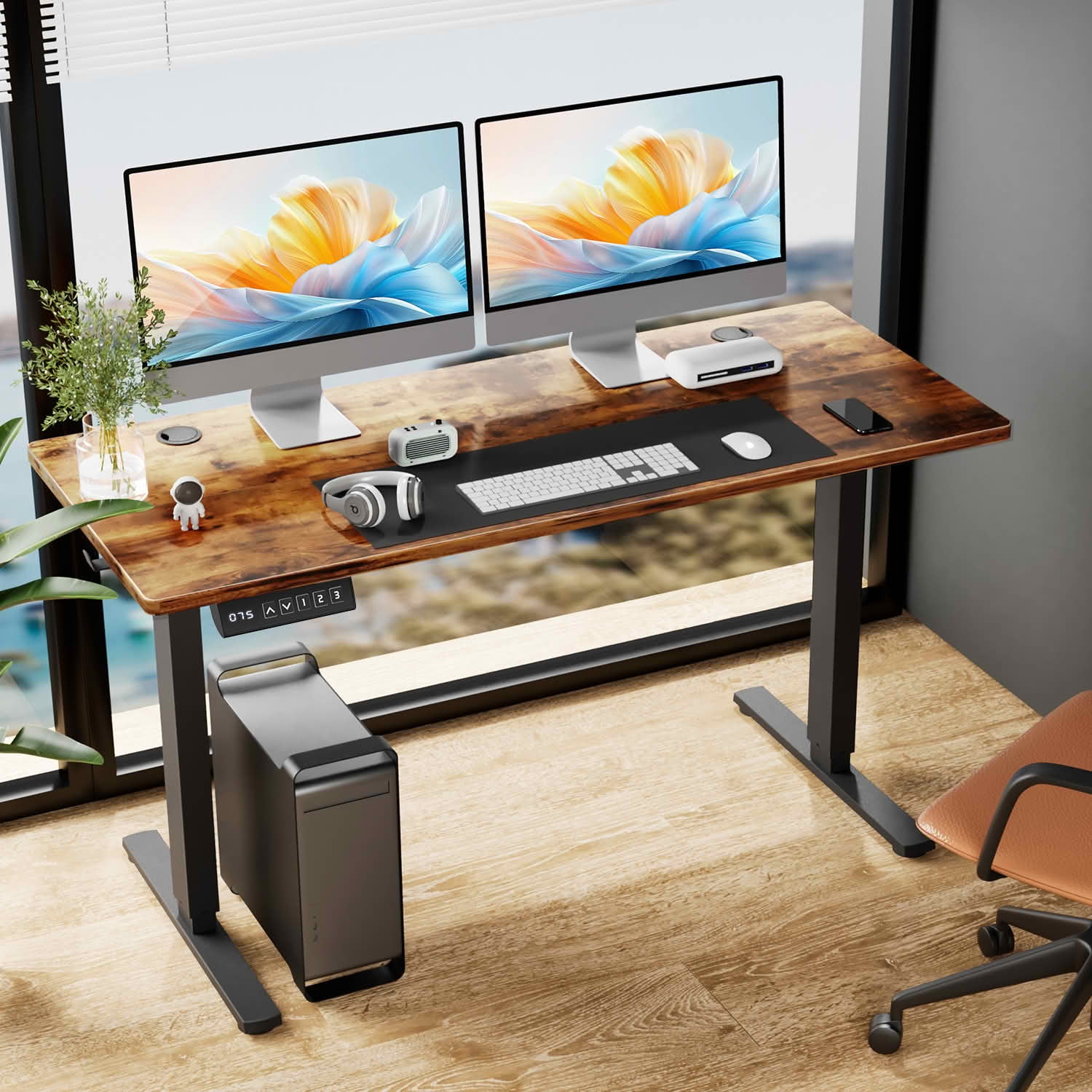 MAYEERTY 63x24 Electric Height Adjustable Standing Desk, Splice Board 2 Hooks Wire Hole, Home Office Computer Table, Rust