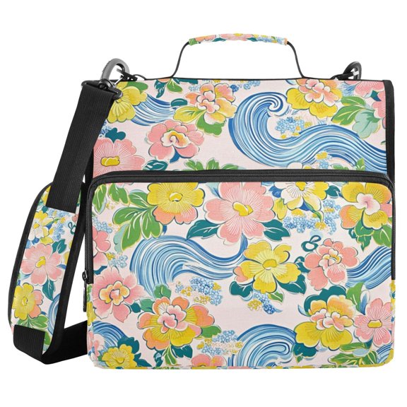 FORMRS Zipper Binder with Shoulder Strap 2-inch Ring 500 Sheet Capacity File Bag, Blue Floral Wave