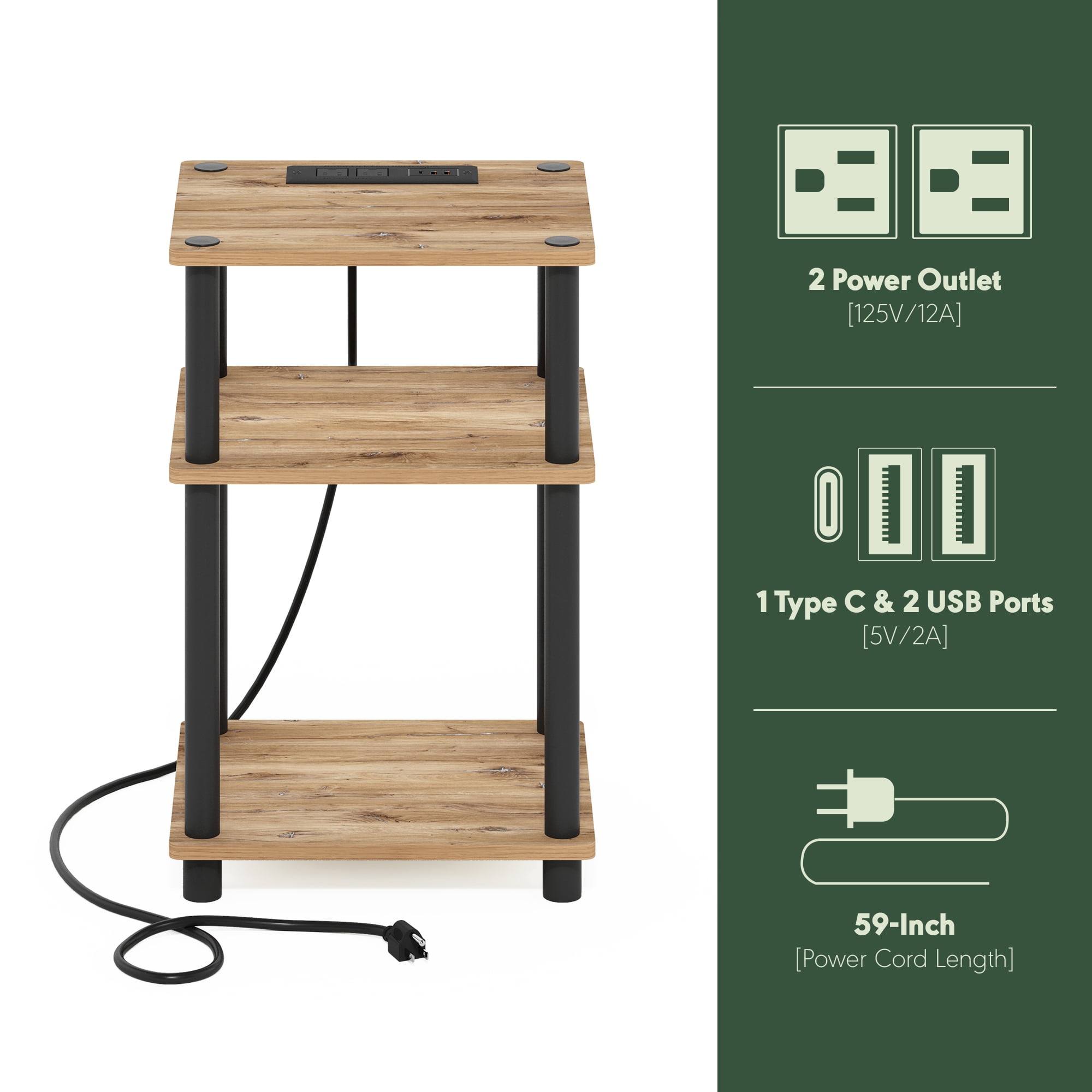Furinno Just 3-Tier Turn-N-Tube USB and Type-C Charging Port End Table with Open Storage, Flagstaff Oak/Black