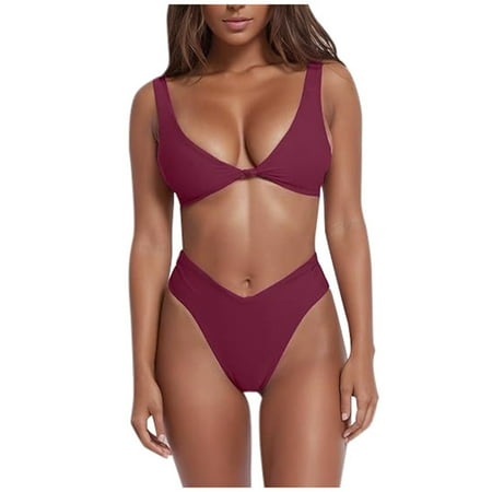 XUELUO Womens Bikinis Solid Color Strappy V Neck Bra And High Waist Panty Set Fashion Swimwears Activewear